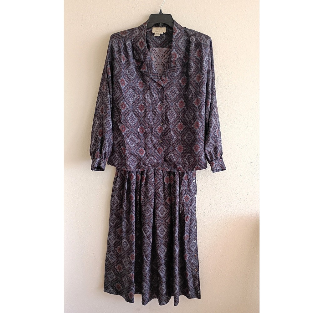 Vintage Silk Studio Claude Bennett Paisley Silk Skirt Blouse Set Navy Blue 8